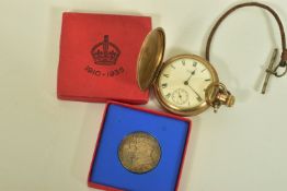 A GEORGE V STET FORTUNA DOMUS MEDAL AND A GOLD PLATED WALTHAM FULL HUNTER POCKET WATCH, the George V