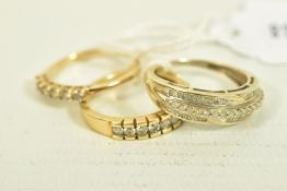 THREE DIAMOND RINGS, the first a 9ct gold brilliant cut diamond half eternity band, estimated