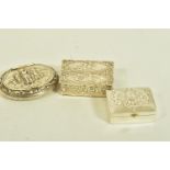 THREE SILVER SNUFF BOXES, to include a 1970s snuff box with cherub and scroll embossed detail,