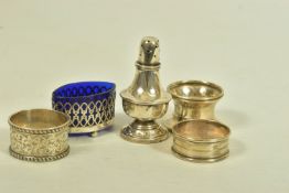 A SELECTION OF SILVER ITEMS, to include three early 20th century napkin rings, hallmarked London