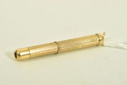 A 9CT GOLD RETRACTABLE TOOTHPICK, engine turned design, hallmarked 9ct Birmingham 2008, measuring