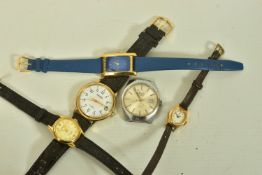 A SELECTION OF FOUR WATCHES, to include a ladies gold plated ORIS watch, a ladies and gentleman's