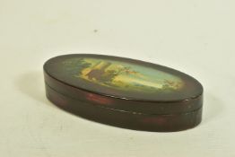 A PAPIER MACHE PAINTED SNUFF BOX, the navette shape box, with removable lid depicting a painted