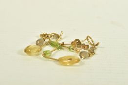 TWO PAIRS OF YELLOW METAL QUARTZ EARRINGS, the first a pair of smoky quartz briolette drops to the