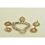 FIVE EARLY 20TH CENTURY SILVER MEDALLIONS, AND A LATER SILVER CURB LINK CHAIN BRACELET, the