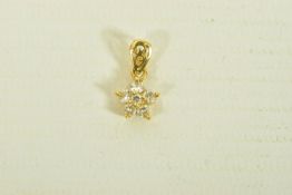 A YELLOW METAL DIAMOND FLORAL PENDANT, designed as a single cut diamond flower, suspended from an