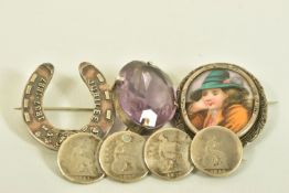 A SELECTION OF FOUR VICTORIAN BROOCHES, to include an amethyst single stone brooch, a Jubilee