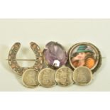 A SELECTION OF FOUR VICTORIAN BROOCHES, to include an amethyst single stone brooch, a Jubilee