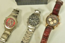 THREE WRISTWATCHES, to include a cased SEKONDA watch with rose gold plated case on a red leather