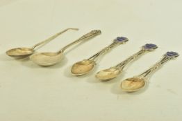 FIVE EARLY 20TH CENTURY SPOONS, to include three silver tea spoons with blue enamelled shield