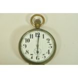 A VERY WORN SILVER-PLATED EARLY 20TH CENTURY GOLIATH POCKET WATCH, the white enamel dial, black