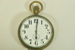 A VERY WORN SILVER-PLATED EARLY 20TH CENTURY GOLIATH POCKET WATCH, the white enamel dial, black