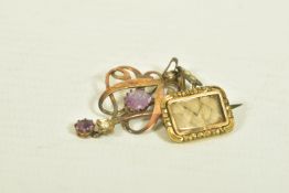 AN AMETHYST AND SPLIT PEARL YELLOW METAL PENDANT AND A WOVEN HAIR MEMORIAL YELLOW METAL BROOCH,