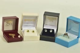 A SELECTION OF JEWELLERY, to include a pair of peridot ear studs (butterfly backs stamped 9ct), a