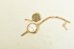 AN EARLY 20TH CENTURY 9CT GOLD WRIST WATCH AND A MID 20TH CENTURY 9CT GOLD WATCH FACE, the first a