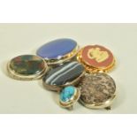 A SELECTION OF SIX BROOCHES, to include a silver moss agate brooch, hallmarked 'PLD' London 1986,