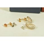 THREE PAIRS OF GOLD DIAMOND EARRINGS, to include a pair of 18ct brilliant cut diamond swirl studs,