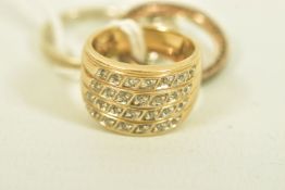 TWO 9CT GOLD DIAMOND AND GEM SET RINGS AND A PANDORA GEM SET FULL ETERNITY BAND, the first a 9ct