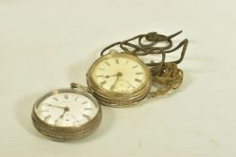 TWO VICTORIAN SILVER POCKET WATCHES, the first a mid Victorian silver open face pocket watch,