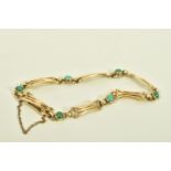 AN EARLY 20TH CENTURY TURQUOISE 9CT YELLOW GOLD BRACELET, designed as a series of six turquoise
