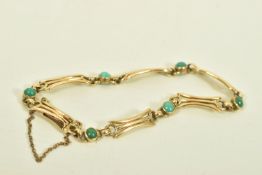 AN EARLY 20TH CENTURY TURQUOISE 9CT YELLOW GOLD BRACELET, designed as a series of six turquoise