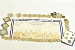 A COLLECTION OF COINS AND WEST BROMWICH ALBION HANDKERCHIEF, the coins include twenty 1973 50p