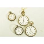 FOUR OPEN FACE POCKET WATCHES, to include a silver pocket watch, maker's marks Willis & Hill, import