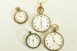 FOUR OPEN FACE POCKET WATCHES, to include a silver pocket watch, maker's marks Willis & Hill, import