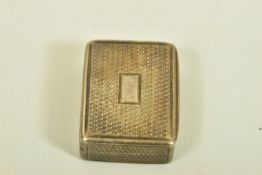 A VICTORIAN SILVER VINEGARETTE BY NATHANIEL MILLS, of rectangular form with engine turned detail,