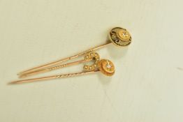 THREE STICKPINS, to include a late Victorian 9ct gold split pearl horseshoe stickpin, hallmarked 9ct