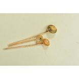 THREE STICKPINS, to include a late Victorian 9ct gold split pearl horseshoe stickpin, hallmarked 9ct