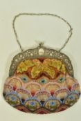 A LADIES LATE 19TH CENTURY GERMAN BEADED BAG, designed as a white metal foliate and fruit embossed