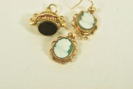 A MODERN 9CT YELLOW GOLD HARDSTONE SWIVEL FOB AND PAIR OF MODERN 9CT YELLOW GOLD HARDSTONE CAMEO