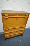 A MID CENTURY DANISH STYLE WALNUT FALL FRONT BUREAU, with a single drawer, above the fall front