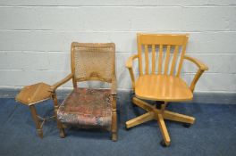 A MODERN BEECH SWIVEL OFFICE CHAIR, with open armrests, along with a bergère back open armchair (