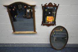 A 19TH CENTURY MAHOGANY FRETWORK WALL MIRROR, 39cm x 60cm, a gilt framed bevelled edge overmantel