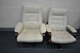 A NEAR PAIR OF BUTTONED CREAM LEATHERETTE SWIVEL ARMCHAIRS, on stained beech frame and stand,