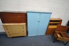 A QUANTITY OF MID CENTURY FURNITURE, to include a blue painted two door cabinet, width 107cm x depth