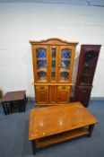 A MODERN OAK TWO DOOR LEAD GLAZED BOOKCASE, base with two cupboard doors and two drawers, width