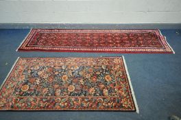 A LATE 20TH CENTURY WOLLLEN CARPET RUNNER, length 300cm x 70cm, and another runner (2) (condition:-