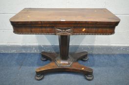 A GEORGE IIII ROSEWOOD FOLD OVER CARD TABLE, with green baize playing surface, supported by a flared