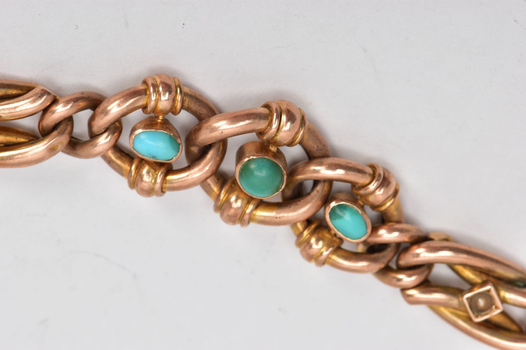 A VICTORIAN GOLD BRACELET, hollow curb link bracelet, centring with three circular links set with - Image 2 of 4