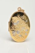A 9CT GOLD LOCKET PENDANT, a yellow gold oval locket, detailing a white a yellow gold floral