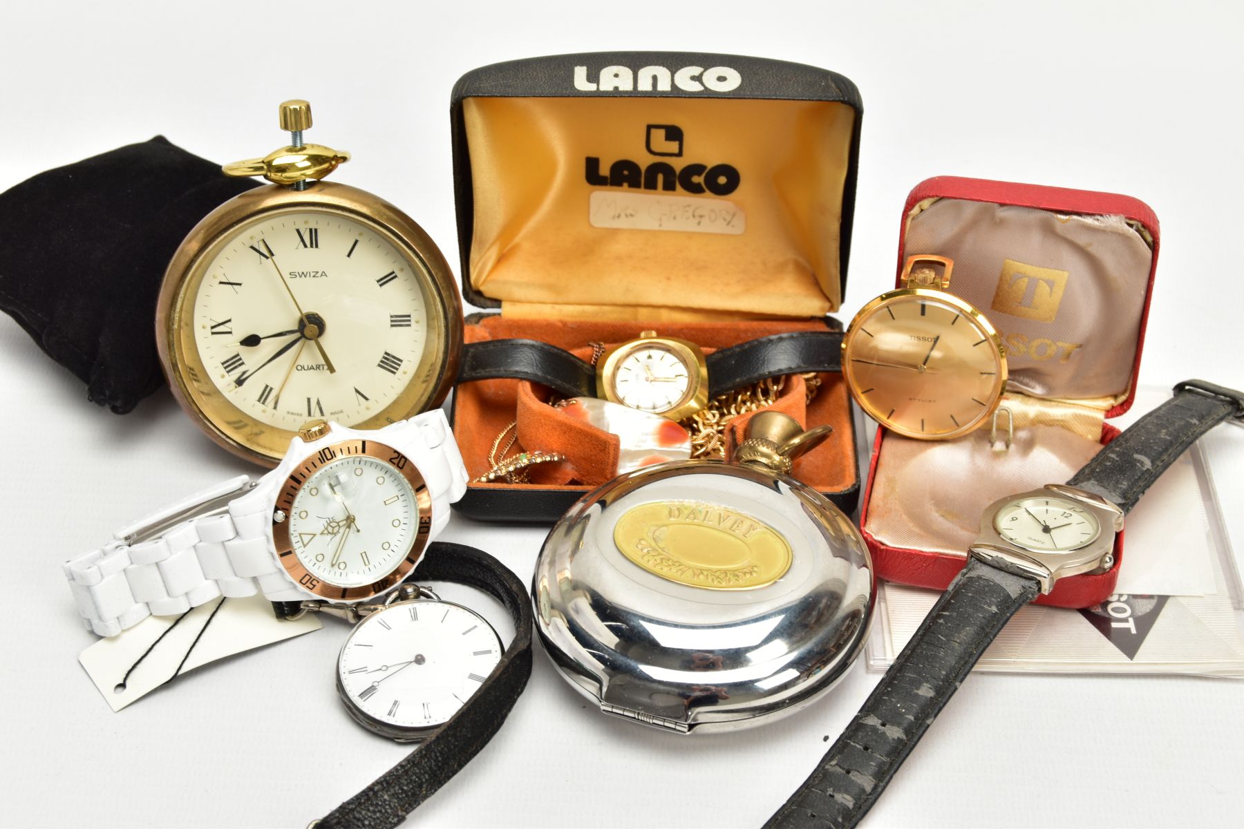 A TISSOT POCKET WATCH AND OTHER ASSORTED ITEMS, a hand wound open face pocket watch, round gold tone