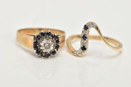 TWO 9CT GOLD SAPPHIRE RINGS, the first a sapphire and diamond cluster, comprising of twelve circular