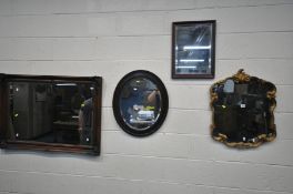 FOUR VARIOUS WALL MIRRORS, to include a foliate framed bevel edge mirror, 106 x 76cm, a gilt