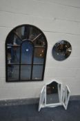 A MAHOGANY ARCHED WINDOW MIRROR, along with a convex wall mirror and a white finish triple