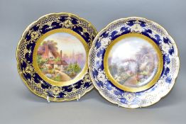 TWO ROYAL WORCESTER CABINET PLATES, printed and painted cottage scenes to the centres, borderd by
