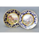 TWO ROYAL WORCESTER CABINET PLATES, printed and painted cottage scenes to the centres, borderd by