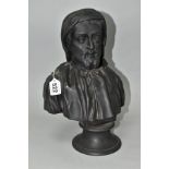 A 20TH CENTURY WEDGWOOD BLACK BASALT BUST OF CHAUCER, on a socle base, impressed marks to both